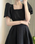 Black Pleated Dress with Puff Sleeves
