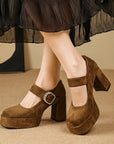 Brown Buckled Mary Jane Platform Block Heels