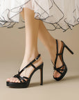 Cordelia black patent strappy platform stilettos for women with slingback buckle by VÈRV