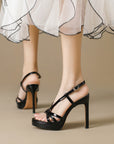 Cordelia black patent strappy platform stilettos for women with slingback buckle by VÈRV