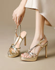 Cordelia gold patent strappy platform stilettos for women with slingback buckle by VÈRV