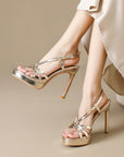 Cordelia gold patent strappy platform stilettos for women with slingback buckle by VÈRV