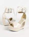 Patent hollow wedge platform heels with ribbon ankle cuff for women by VÈRV.
