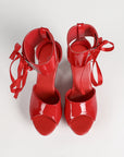 Patent hollow wedge platform heels with ribbon ankle cuff for women by VÈRV.