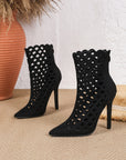 Black pointed toe mesh ankle boots with open lattice cage design and stiletto heel
