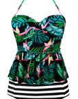 Black Two Piece Floral Print Flounce Tankini Set