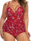 Fiery Red Print Molded Cup Peplum Plus Size Bikini