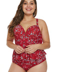 Fiery Red Print Molded Cup Peplum Plus Size Bikini