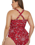 Fiery Red Print Molded Cup Peplum Plus Size Bikini