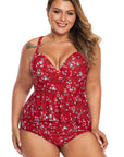 Fiery Red Print Molded Cup Peplum Plus Size Bikini