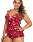 Fiery Red Print Molded Cup Peplum Plus Size Bikini