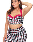Black White Kitty Print Plus Size Bikini Top With Skirt