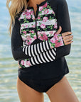 Black Zip Up Neckline Color Block Rashguard Top