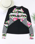 Black Zip Up Neckline Color Block Rashguard Top