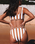 Brown Athletic Striped Tank High Waisted Swimsuit