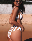 Brown Athletic Striped Tank High Waisted Swimsuit
