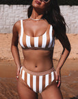 Brown Athletic Striped Tank High Waisted Swimsuit