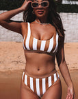 Brown Athletic Striped Tank High Waisted Swimsuit