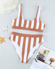 Brown Athletic Striped Tank High Waisted Swimsuit