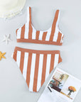 Brown Athletic Striped Tank High Waisted Swimsuit