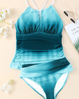 Sky Blue Oceanic Gradient Color Peekaboo Halter Tankini Swimsuit