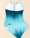 Sky Blue Oceanic Gradient Color Peekaboo Halter Tankini Swimsuit