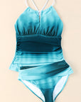 Sky Blue Oceanic Gradient Color Peekaboo Halter Tankini Swimsuit