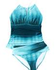 Sky Blue Oceanic Gradient Color Peekaboo Halter Tankini Swimsuit