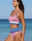 Pink Spaghetti Straps Color Block Ribbed Swimsuit