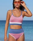 Pink Spaghetti Straps Color Block Ribbed Swimsuit