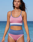 Pink Spaghetti Straps Color Block Ribbed Swimsuit