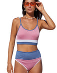 Pink Spaghetti Straps Color Block Ribbed Swimsuit