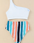 White One Shoulder Striped High Waist Two Pieces Swimsuit