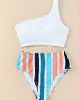 White One Shoulder Striped High Waist Two Pieces Swimsuit