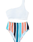 White One Shoulder Striped High Waist Two Pieces Swimsuit