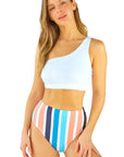 White One Shoulder Striped High Waist Two Pieces Swimsuit