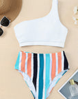 White One Shoulder Striped High Waist Two Pieces Swimsuit
