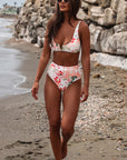 Orange Tropical Floral Print High Waist Bikini