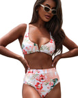 Orange Tropical Floral Print High Waist Bikini