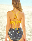 Yellow Sun Moon Hollow Out Criss-Cross Bikini Set