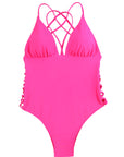 Rose Criss Cross Backless Deep V Neck One Piece Swimsuit