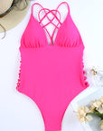 Rose Criss Cross Backless Deep V Neck One Piece Swimsuit