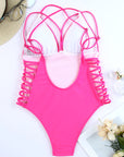 Rose Criss Cross Backless Deep V Neck One Piece Swimsuit