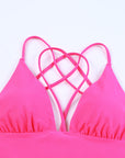 Rose Criss Cross Backless Deep V Neck One Piece Swimsuit