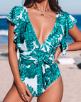 Green Sexy Deep V Neck Floral Print Ruffles Swimsuit