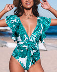 Green Sexy Deep V Neck Floral Print Ruffles Swimsuit