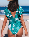 Green Sexy Deep V Neck Floral Print Ruffles Swimsuit