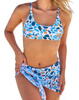 Sky Blue Three Piece Abstract Print Bikini Set With Sarong