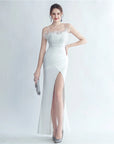 Fur and Rhinestone Cocktail Thigh Slit Gown