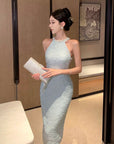 Sequin Pearl Embellished Halter Midi Dress